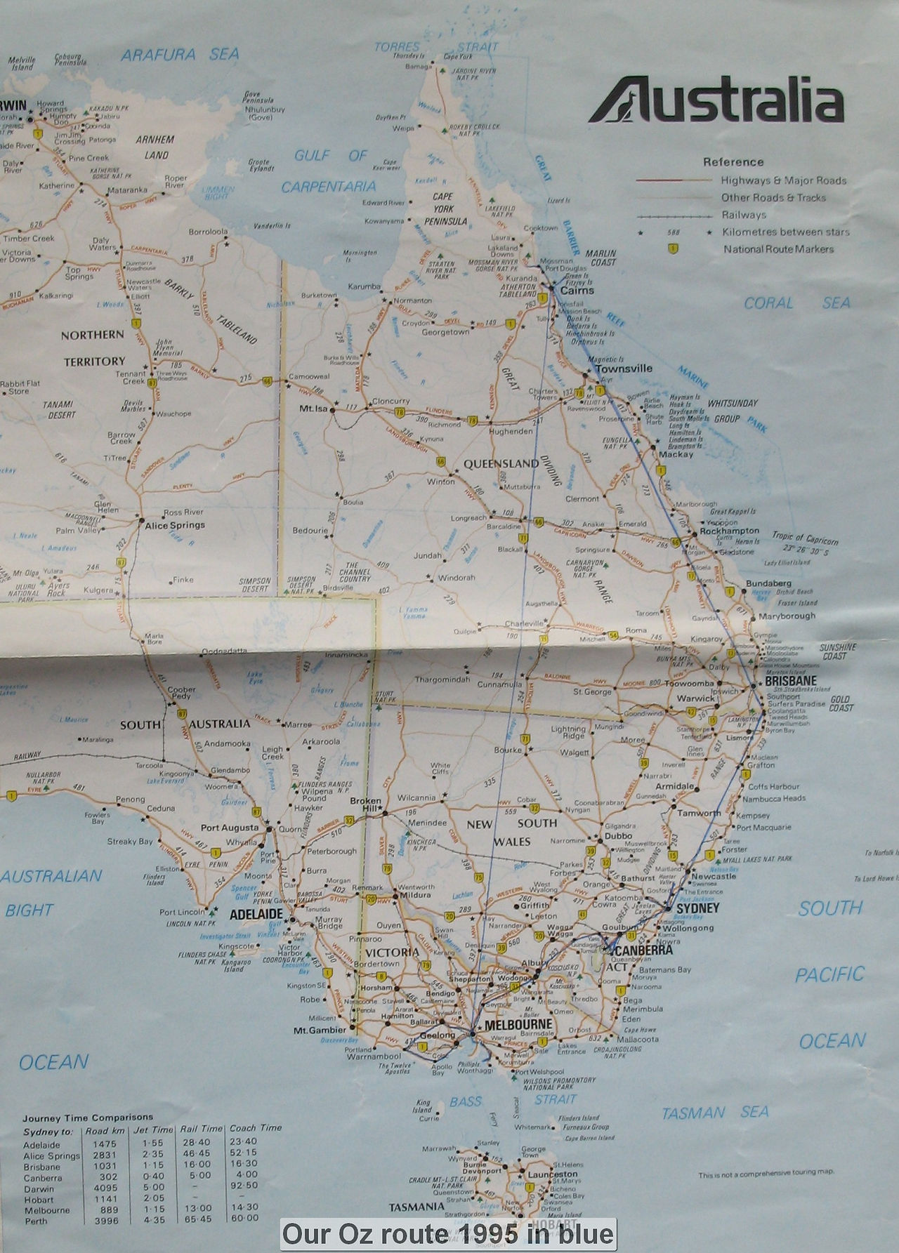 map showing our 1995 trip downunder by keef & annie