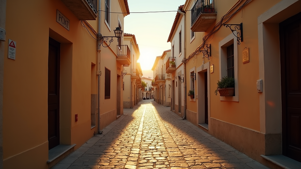 Eye-level view of a narrow cobbled street in a Mediterranean village at dawn