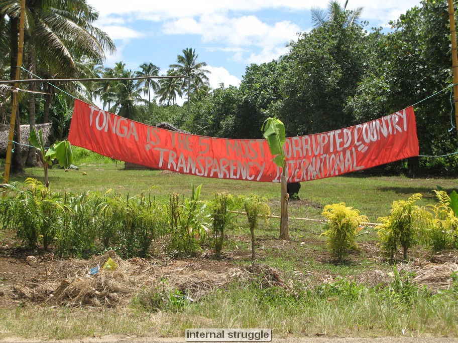 Red banner with text in a tropical setting.