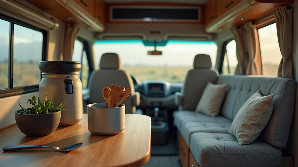 Close-up view of neatly packed camping gear and kitchen utensils inside a motorhome