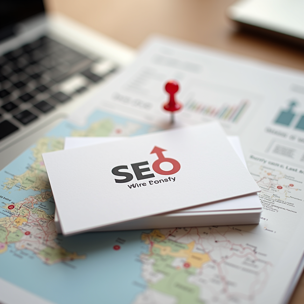 Business cards with "SEO" logo on a map.