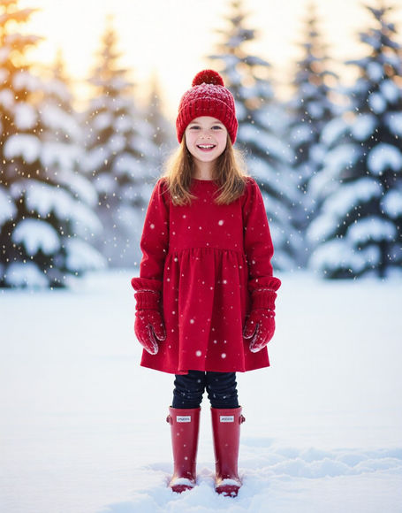 Girl in red outfit standing in snowy landscape.
