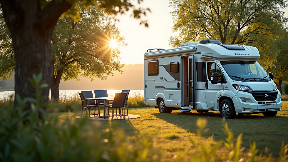 Wide angle view of a motorhome parked in a scenic campsite with outdoor chairs and table