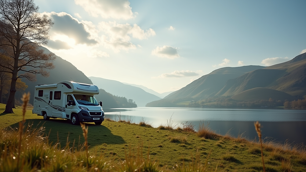 Eye-level view of a motorhome parked beside a serene lake in the Lake District