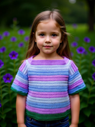 Young girl in striped sweater, standing among purple flowers.