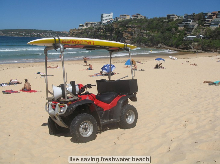 ATV with surfboard on a sunny beach.