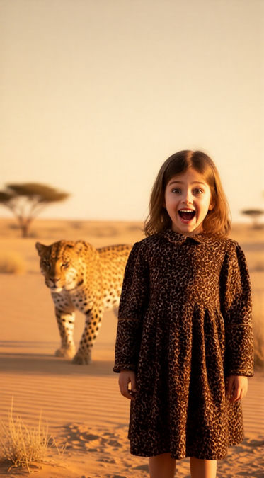Girl excitedly posing with a cheetah in desert.