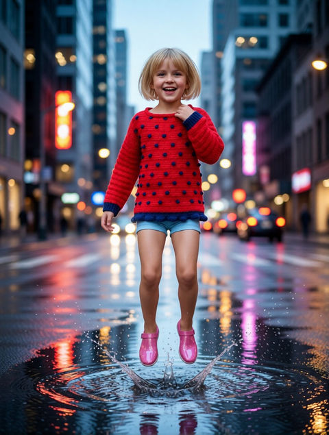 girl in SerendipityGDDs Olivia sweater jumping over puddle 