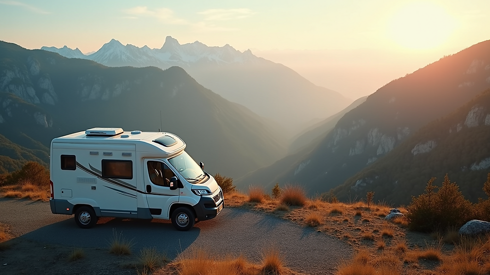High angle view of a motorhome parked on a mountain overlook