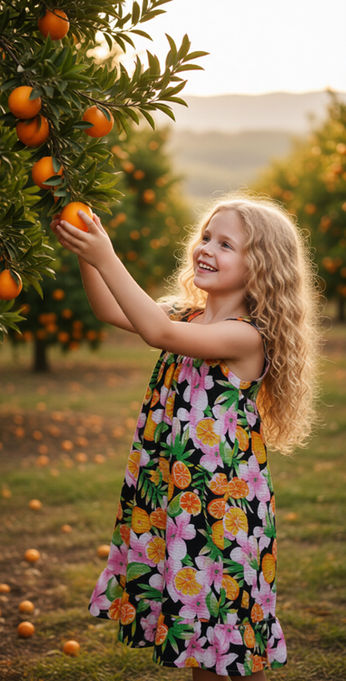 Girl picking oranges in a sunny orchard.