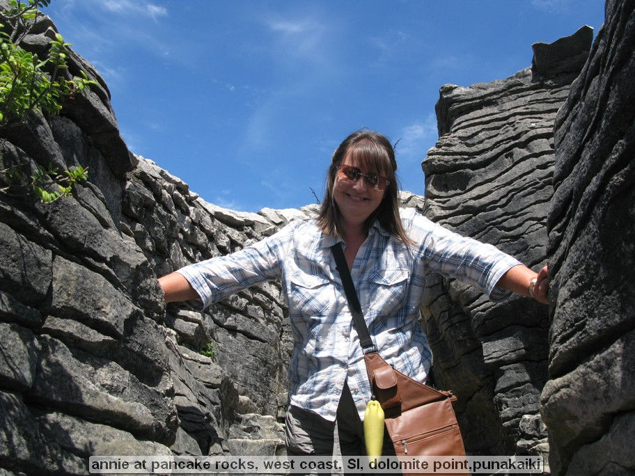 annie at pancake rocks, west coast, SI, dolomite point,punakaiki