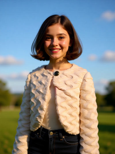 Girl smiling outdoors in textured jacket.