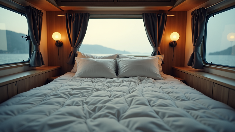Eye-level view of a cozy motorhome bed with pillows and blackout curtains