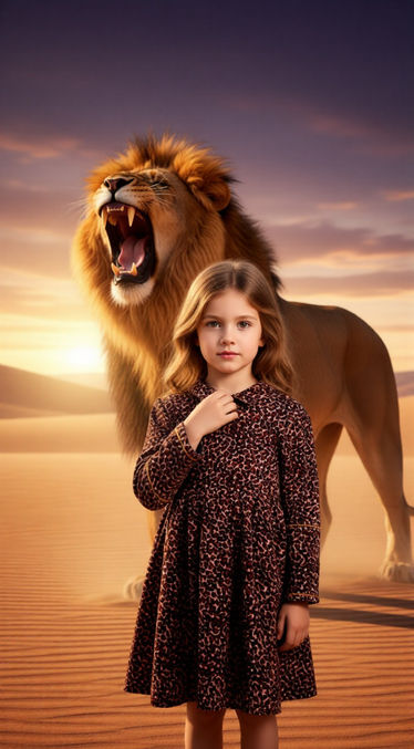Young girl with roaring lion in the background.