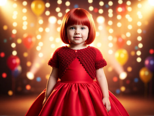 Young girl in red dress with festive background.
