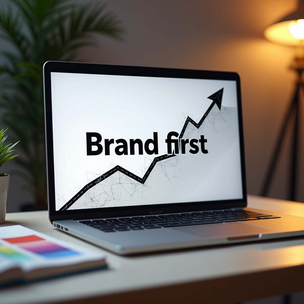 Laptop displaying "Brand first" with upward graph.