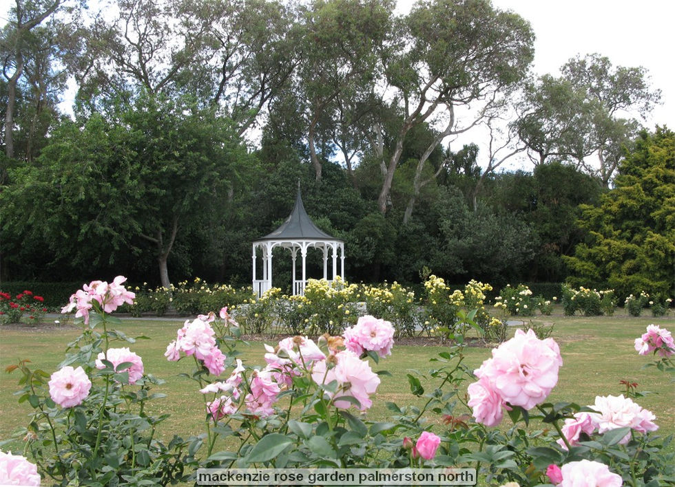 Garden with gazebo and pink roses in foreground.