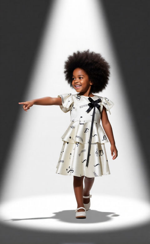little afro caribbean girl aged 5 in the Music Too dress by SerendipityGDDs