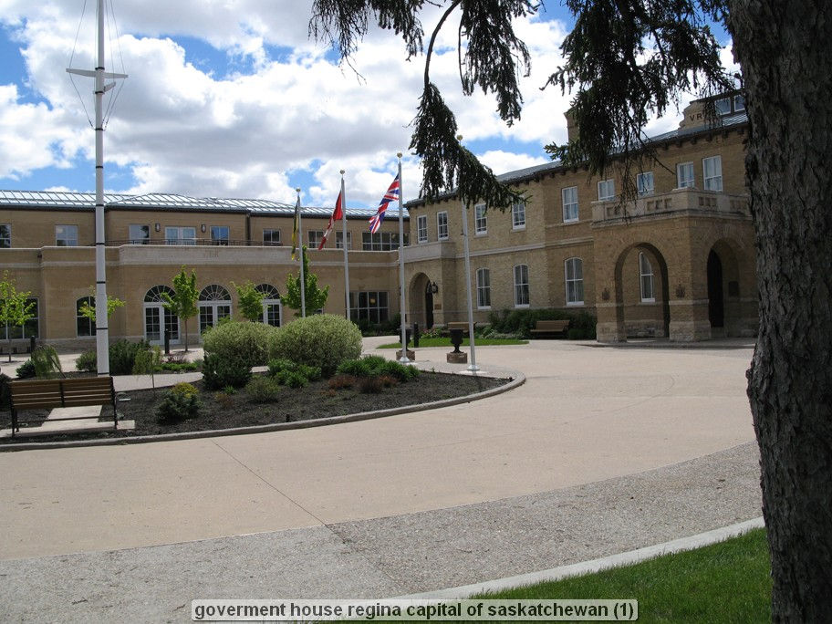 Government House in Regina, Saskatchewan, under a cloudy sky.