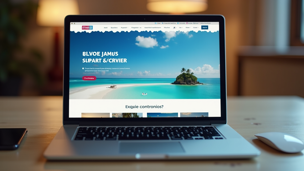 Eye-level view of a laptop screen showing a travel website with tags