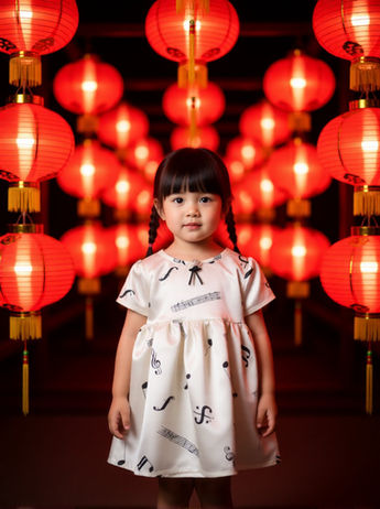 Little chinese girl in SerendipityGDDs' Music 2 Dress with lanterns in background