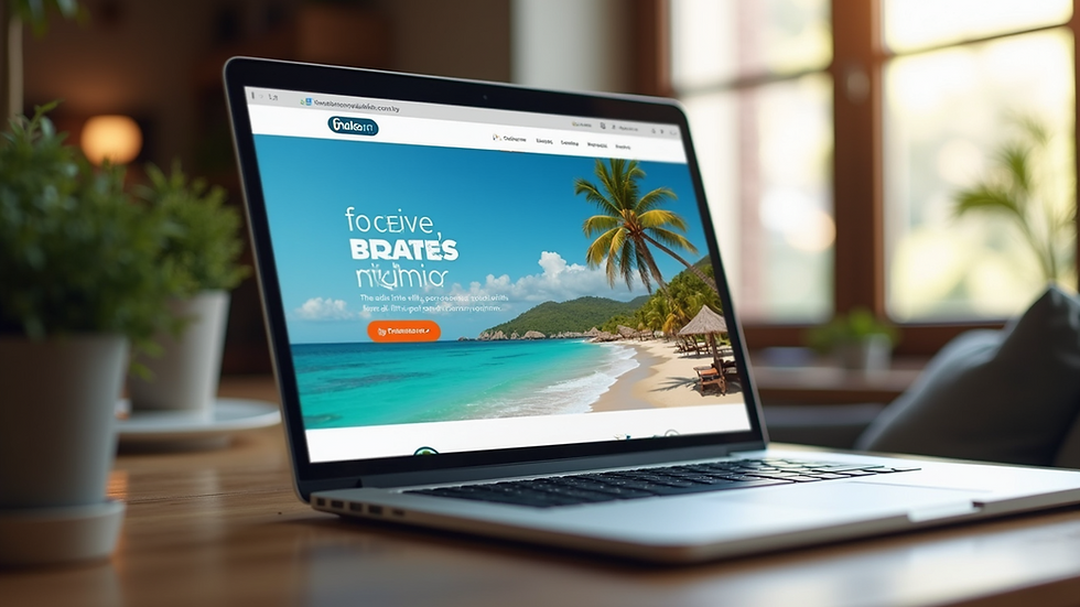 Eye-level view of a laptop displaying a travel website with a clean, modern design