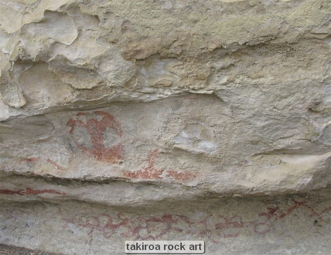 Rock art with red markings, labeled "takiroa rock art."