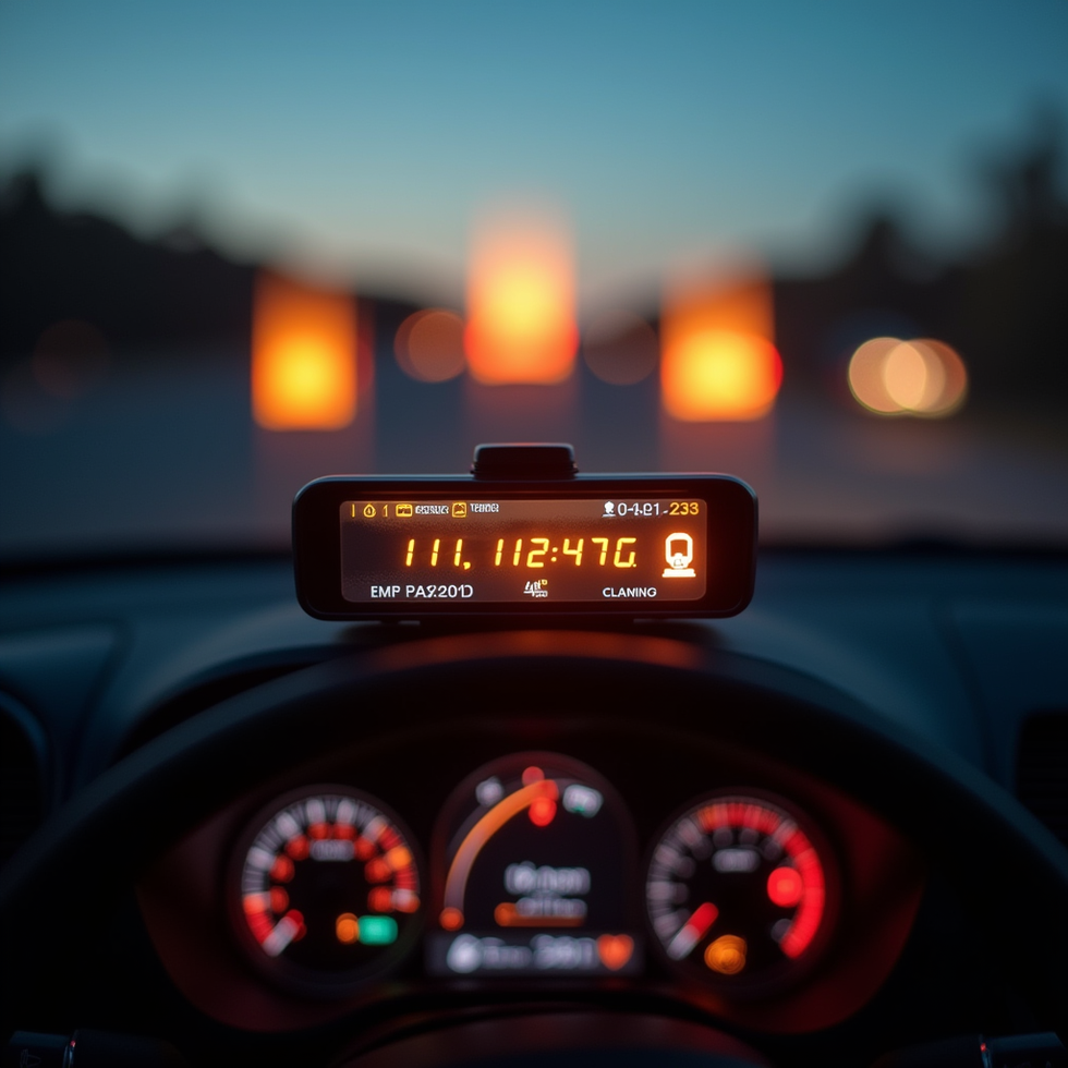 Dashboard with digital display and blurred background lights.