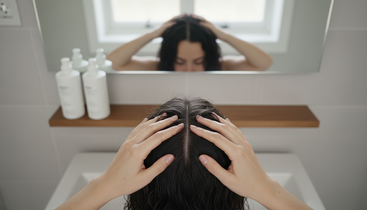Overhead view of a person parting clean hair to check the scalp.