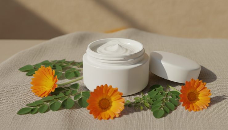 Close-up view of calendula flowers and moringa leaves beside a simple skincare jar.