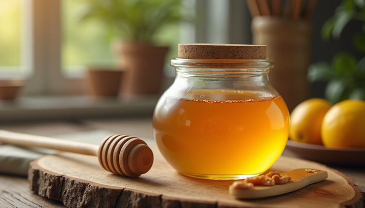 Close-up view of a jar of golden honey with a wooden dipper