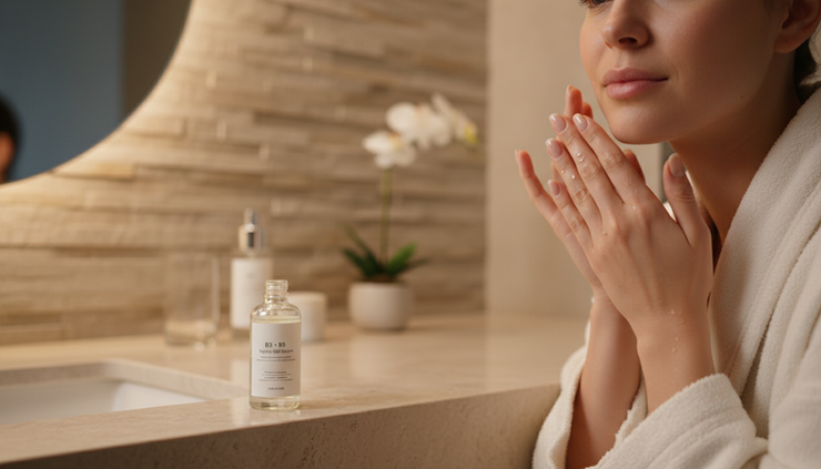 Eye-level view of a person applying gel serum to clean skin in a calm spa setting.
