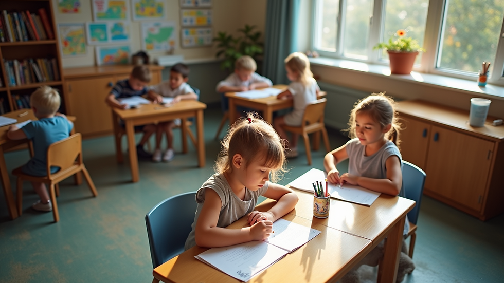 high angle view of a community center with children studying together