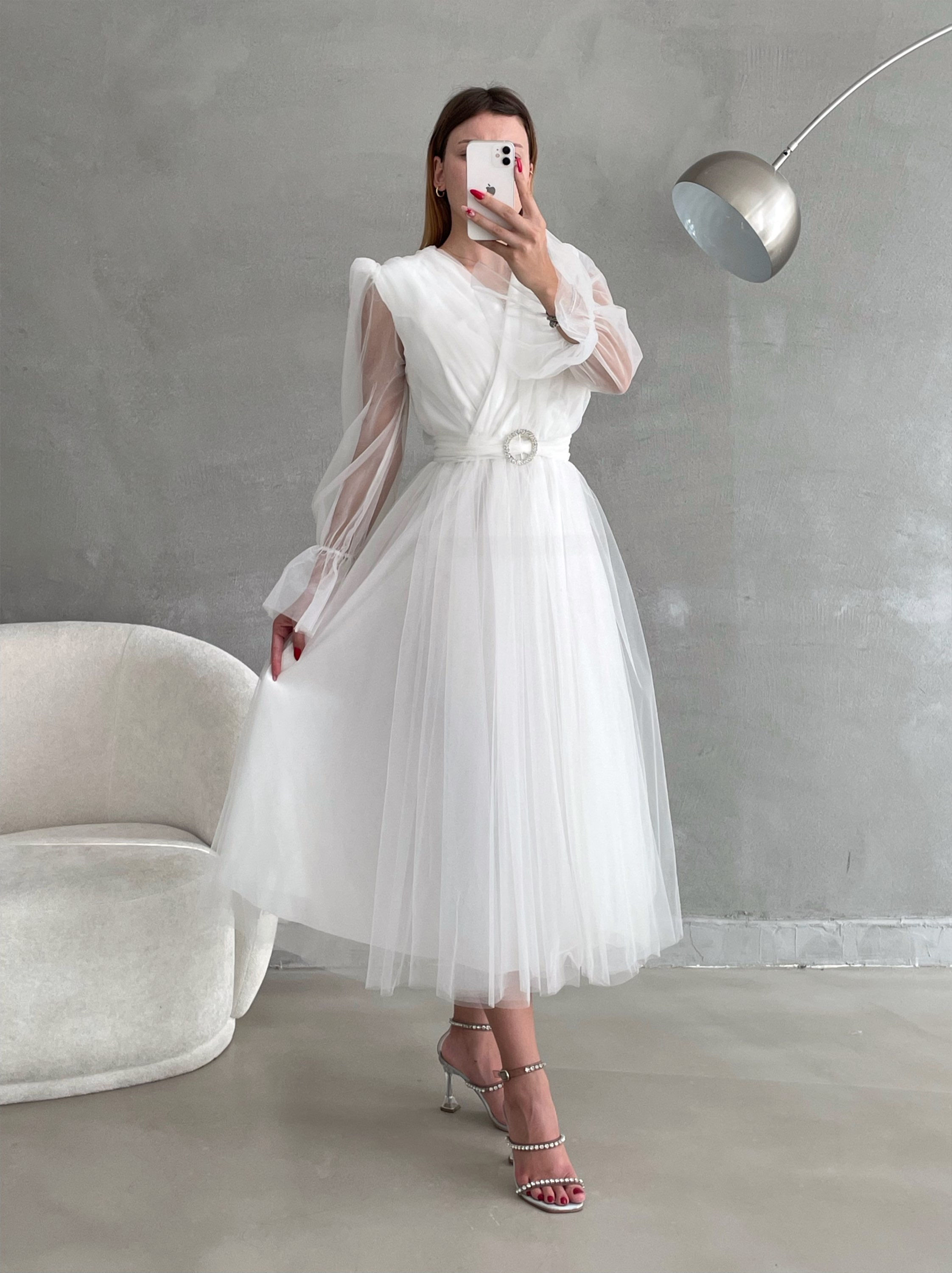 Kemer Detaylı Büzgülü Tül Abiye