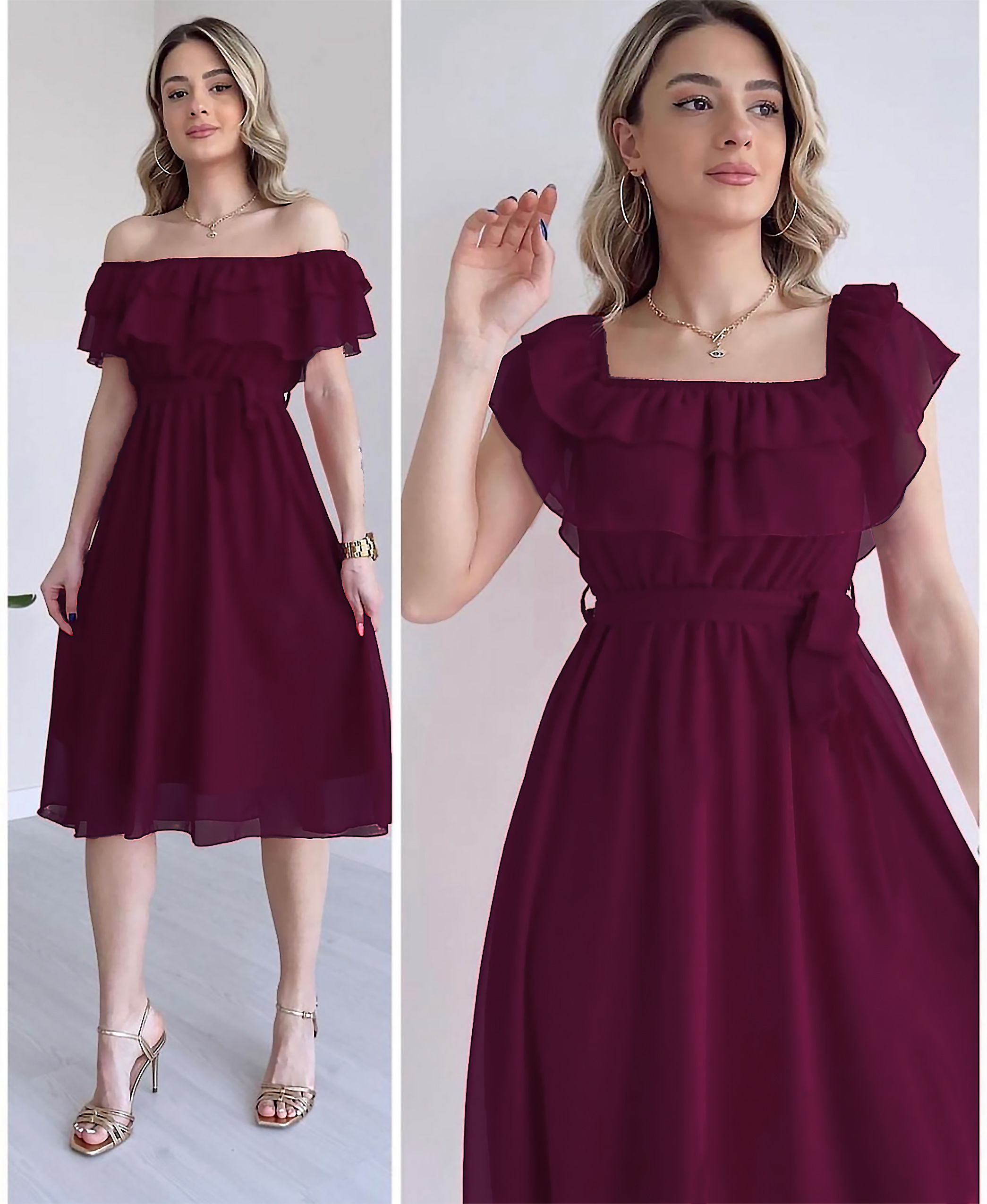 Madonna Yaka Astarlı Şifon Elbise