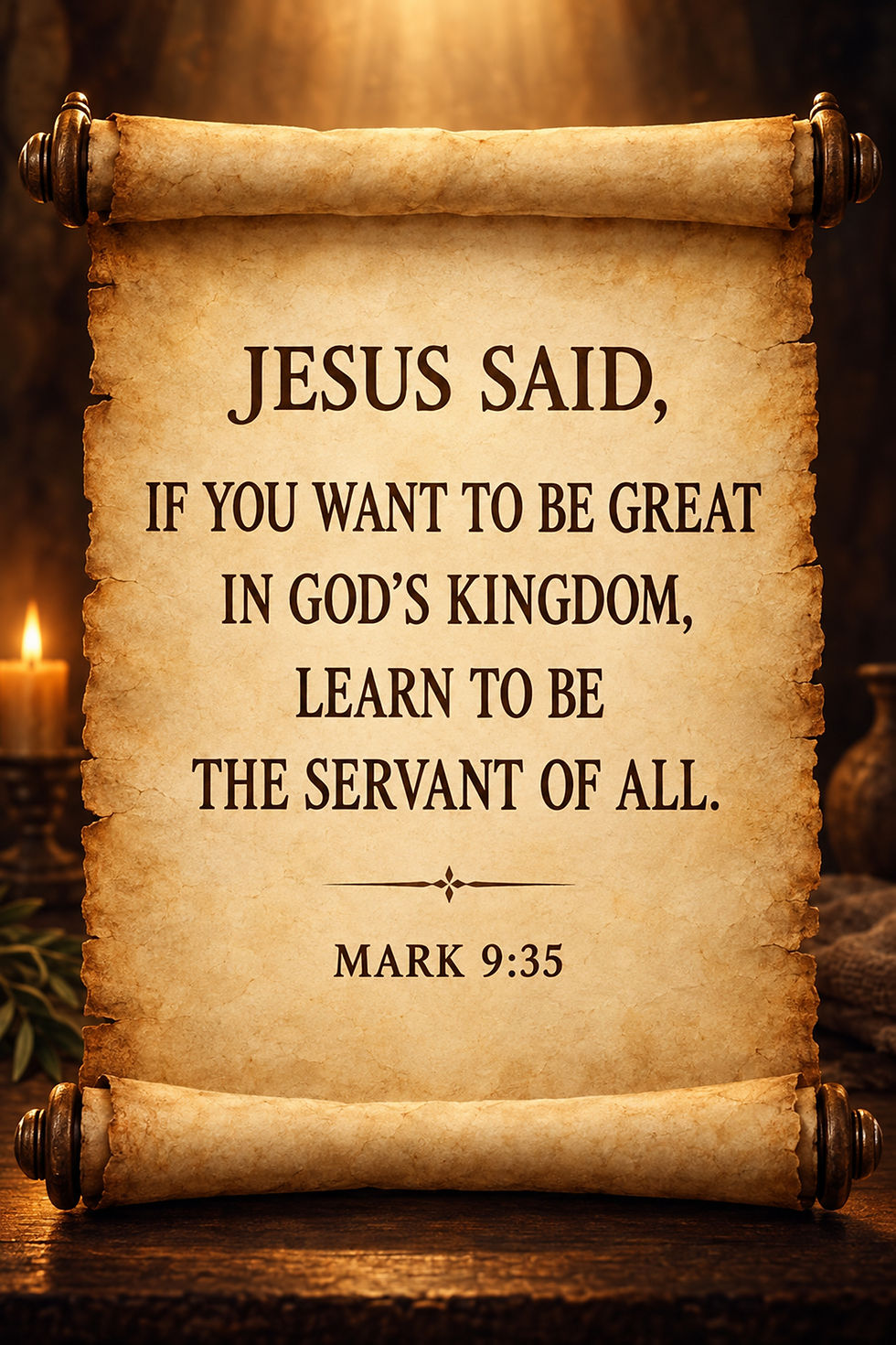 Ancient scroll with Christian teachings of Jesus from Mark 9:35.