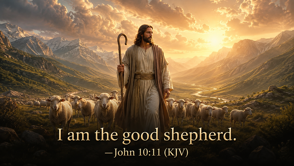Jesus as the Good Shepherd with sheep and John 10:11.