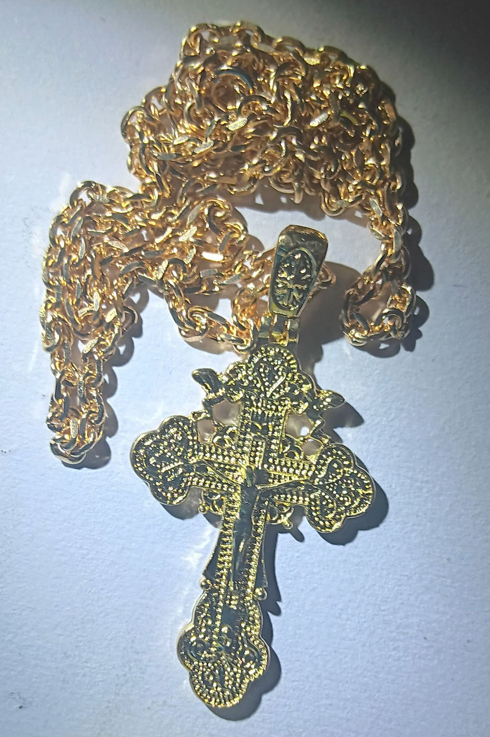 Ornate gold Themistoklis1 cross pendant with chain