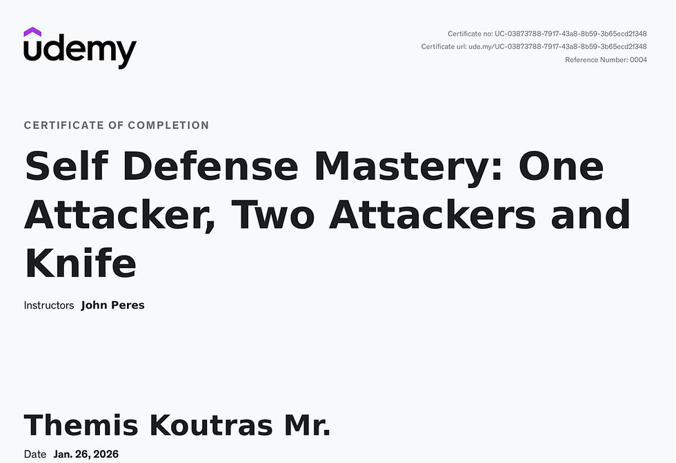 Udemy certificate for Self Defense Mastery by John Peres.