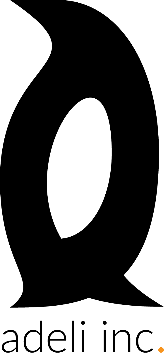 Black and white Adeli Academy logo with stylized penguin-shaped form