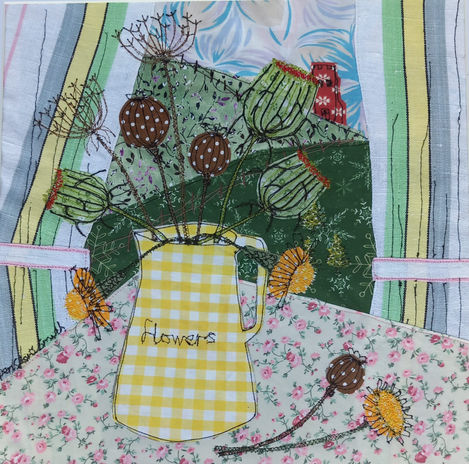 A painting of flowers in a yellow pitcher on a table