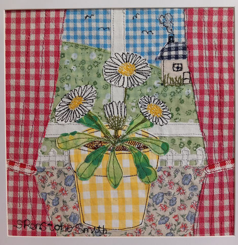 A painting of daisies in a yellow pot