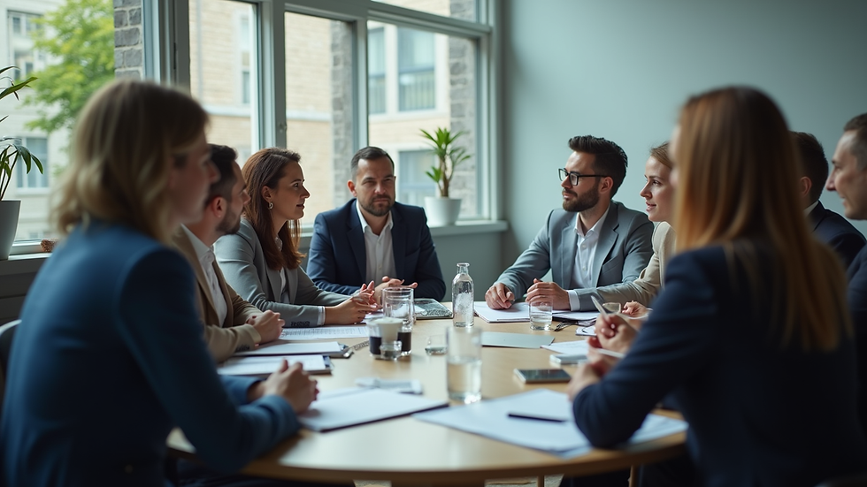 Eye-level view of a diverse group of professionals engaged in a collaborative discussion
