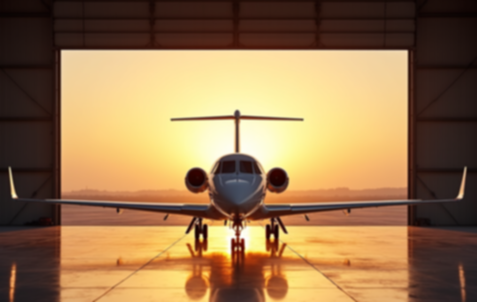 A-sleek-private-jet-inside-a-modern-pristine-hangar-at-sunset-with-golden-lighting-and-a-p