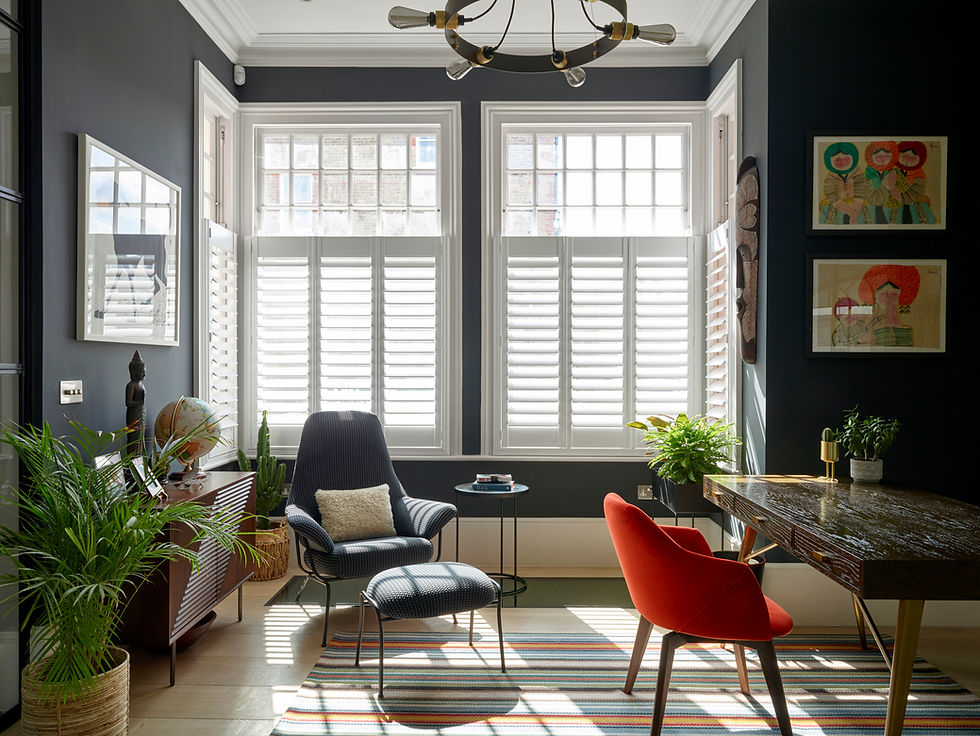 Photo of: Interior Designer project - Study area with chairs, window shutters, table & wall art