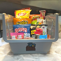 Small Order container of portioned snacks, including chips, granola bars, popcorn, sweets