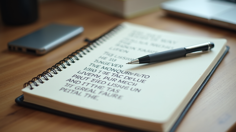 Close-up view of a notebook with motivational quotes and a pen on a wooden desk
