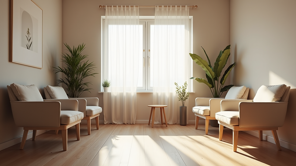 Eye-level view of a calm therapy room with comfortable chairs arranged in a circle