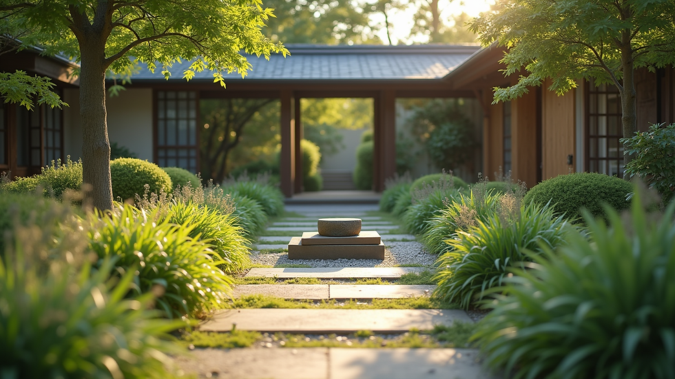Eye-level view of a peaceful garden with a meditation spot