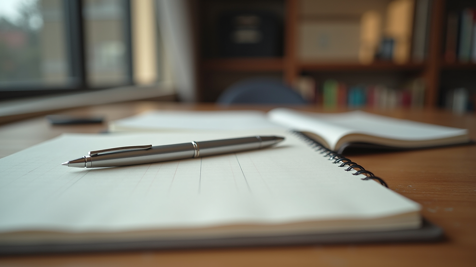 Close-up view of a journal and pen on a wooden desk